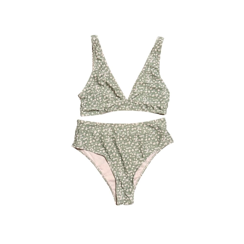 CUPSHE Sage Green Floral High Waisted Bikini Set – Size Small